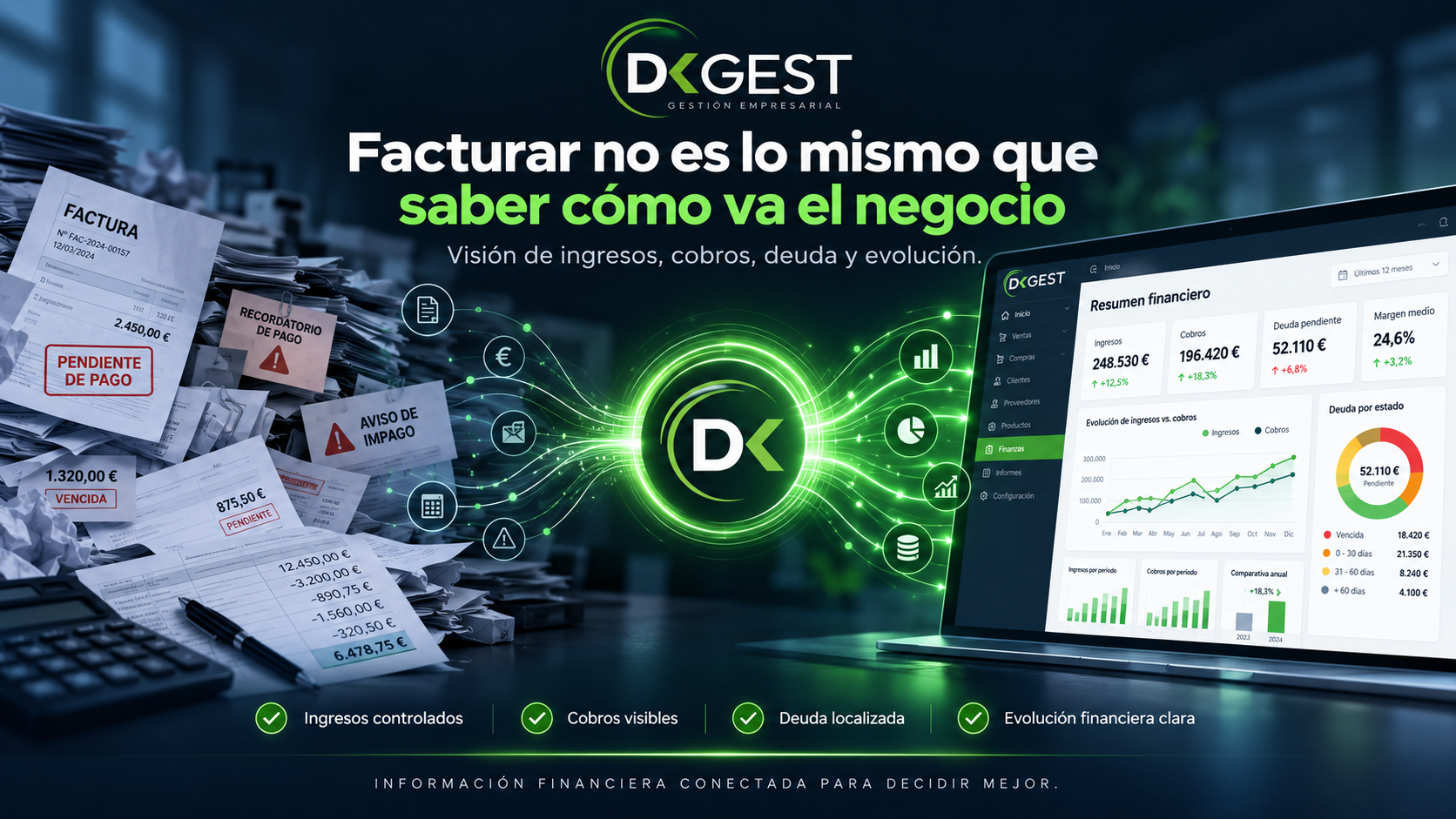 Informes financieros con ingresos, cobros, deuda, márgenes y evolución en DkGest Fast