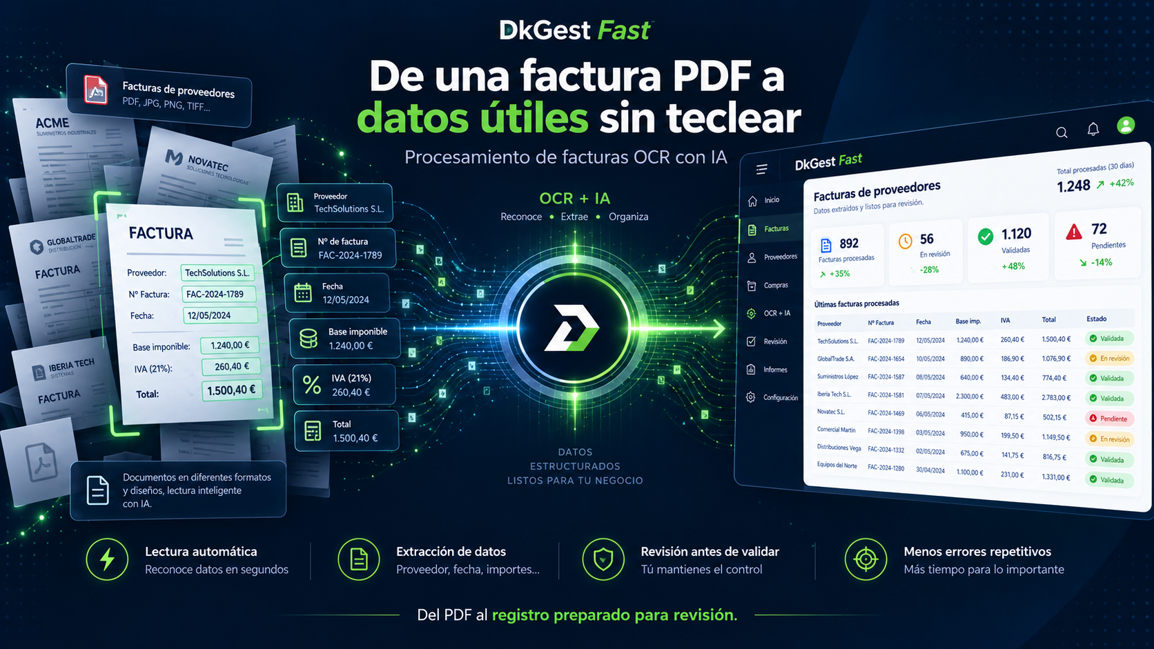 Procesamiento de facturas PDF con OCR e inteligencia artificial para extraer datos y prepararlos para revisión en DkGest Fast