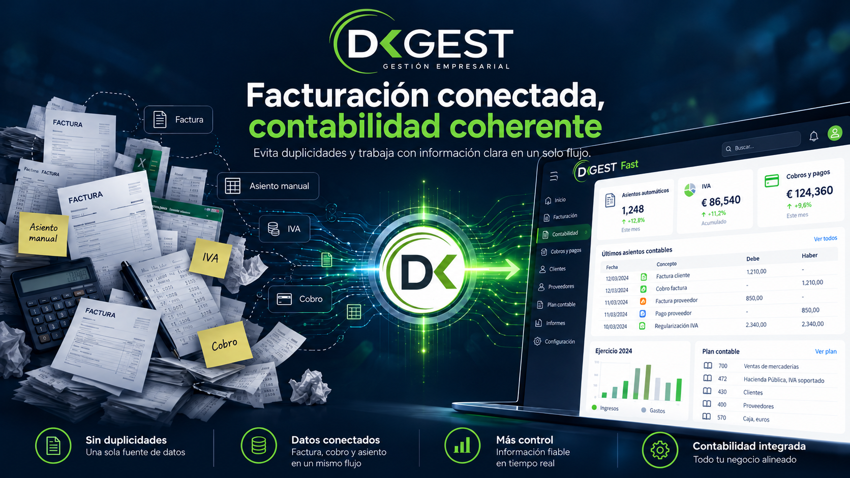 Contabilidad integrada con facturación, asientos y datos conectados en DkGest Fast