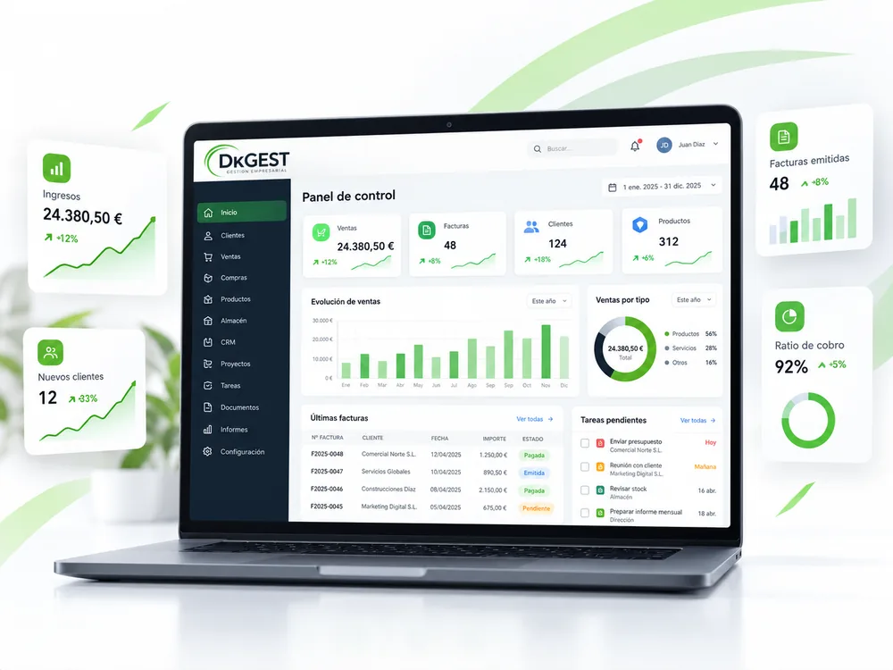 Ilustración del software ERP DkGest en un ordenador portátil con panel de control, facturación, clientes y estadísticas empresariales.