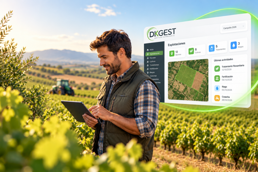 Agricultor utilizando una tablet en el campo junto a una representación del software de gestión agrícola DkGest.
